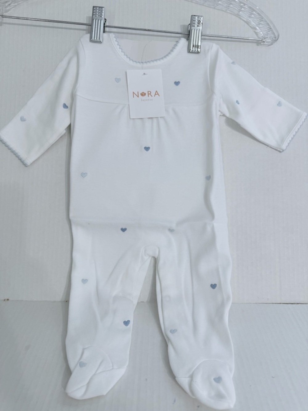 Nora Layette Infant White Footed One-Piece with Blue Heart Print